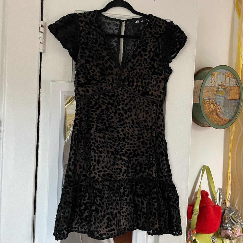 velvet cheetah animal print burnout v neck black dress